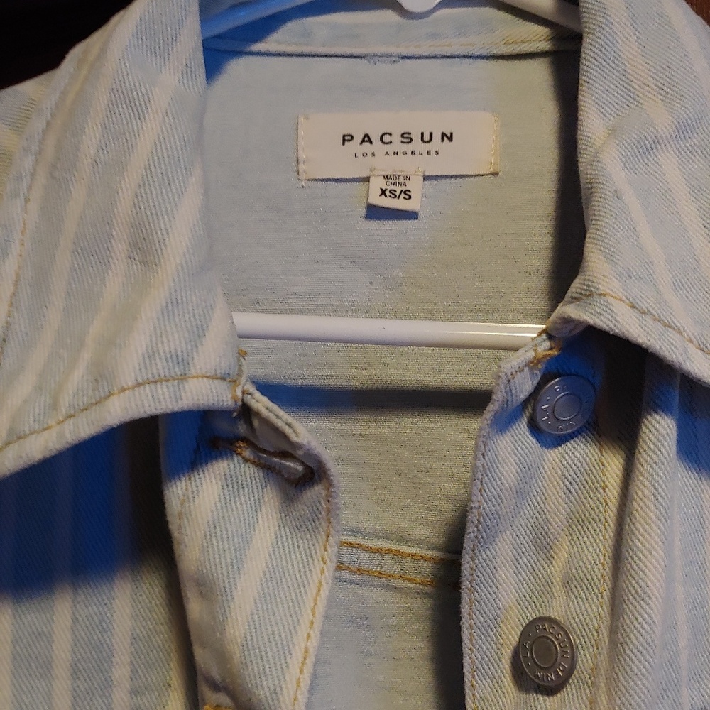 Blue and white striped jean jacket